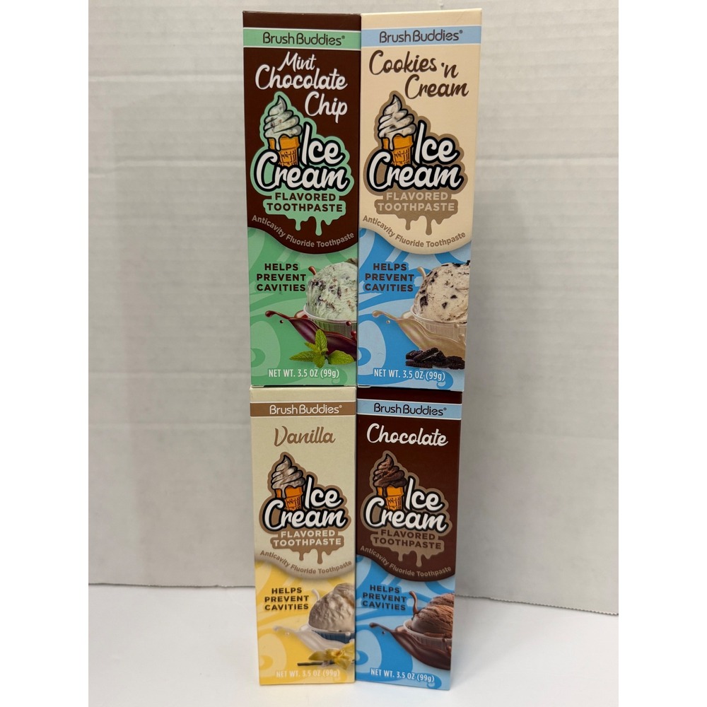 Brush Buddies Ice Cream Flavored Toothpaste 4 Pk Mint Cookies Vanilla Chocolate